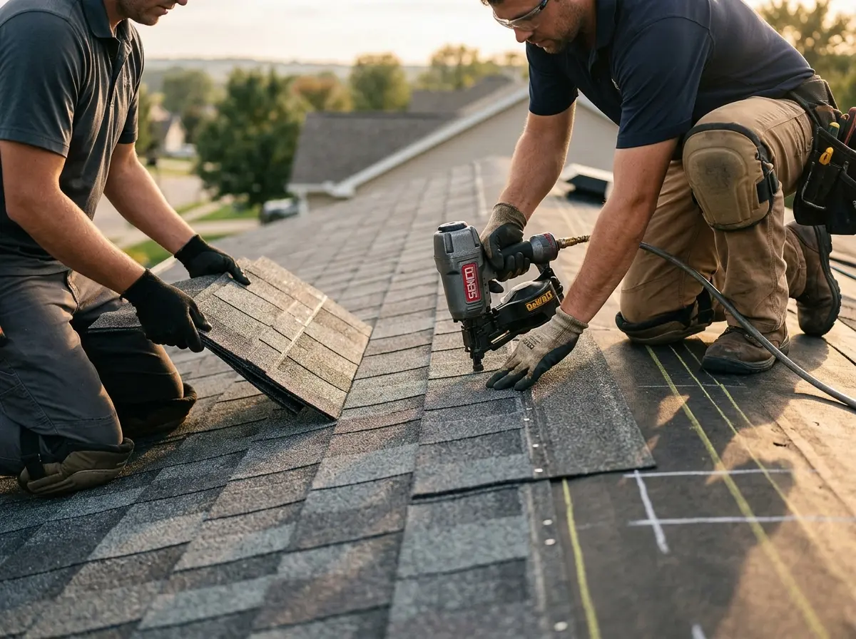 Professional roofer working on a residential roof in Colesville